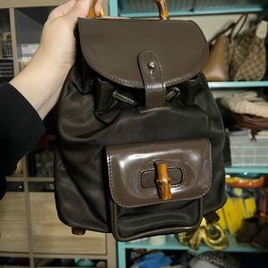 Gucci Vintage Brown Nylon & Patent Leather Bamboo Handle Backpack
